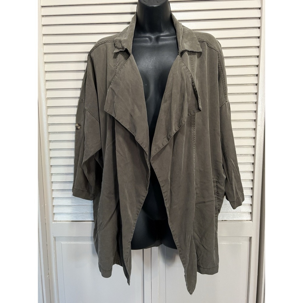Lulus Olive Green Open Cardigan Soft Denim‎ 3/4 Tab Sleeve Size XS Oversized